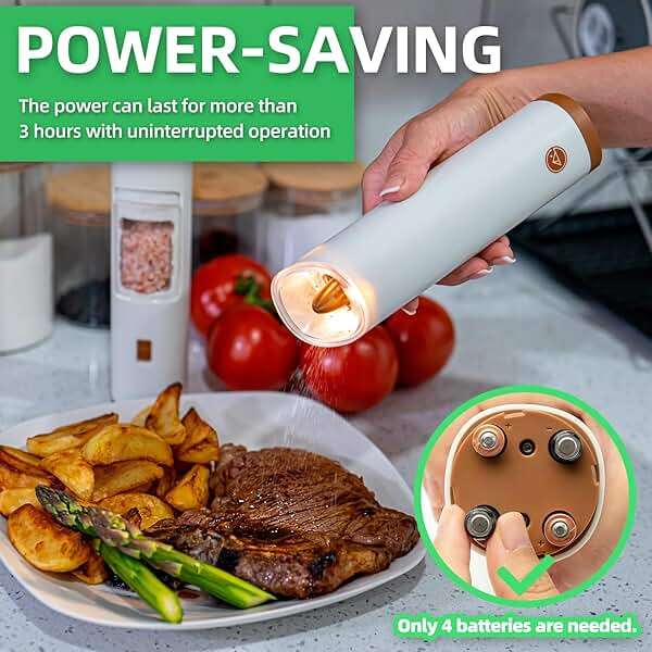 GATGOODS Gravity Electric Salt and Pepper Grinder Set, Adjustable Coarseness, Warm LED Light, One-handed Automatic Operation, Battery Powered, White, Electric Pepper Mills - Image 4