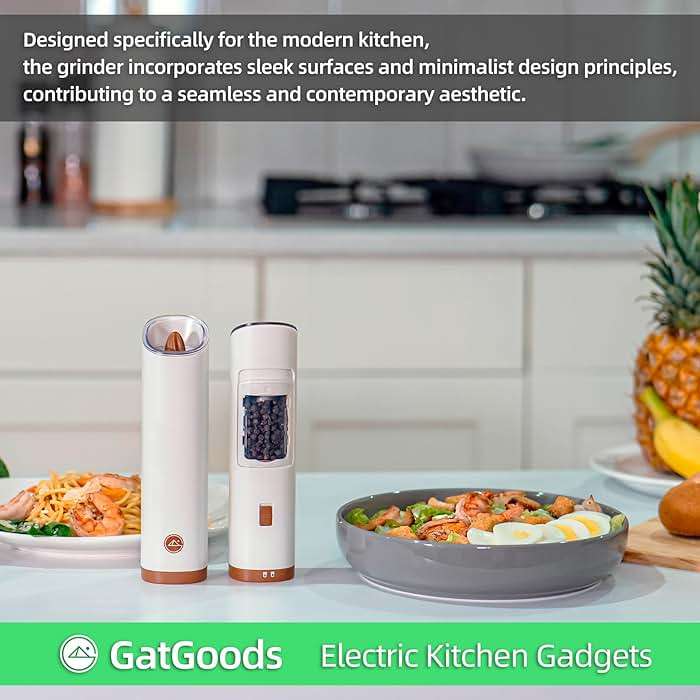 GATGOODS Gravity Electric Salt and Pepper Grinder Set, Adjustable Coarseness, Warm LED Light, One-handed Automatic Operation, Battery Powered, White, Electric Pepper Mills - Image 7