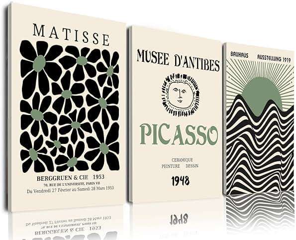 FAEKSUR Sage Green Matisse Wall Art Set of 3, Abstract Art Prints, Framed Geometric Line Sun Rising Green Canvas Artwork, Bedroom, Office - Image 1