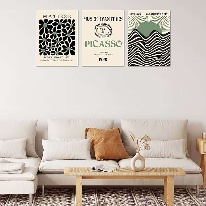 FAEKSUR Sage Green Matisse Wall Art Set of 3, Abstract Art Prints, Framed Geometric Line Sun Rising Green Canvas Artwork, Bedroom, Office - Image 2