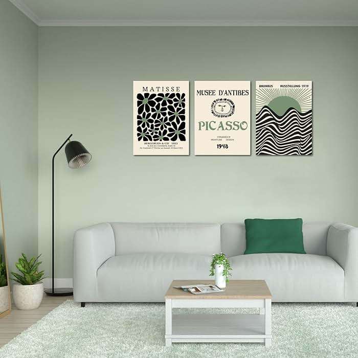 FAEKSUR Sage Green Matisse Wall Art Set of 3, Abstract Art Prints, Framed Geometric Line Sun Rising Green Canvas Artwork, Bedroom, Office - Image 3