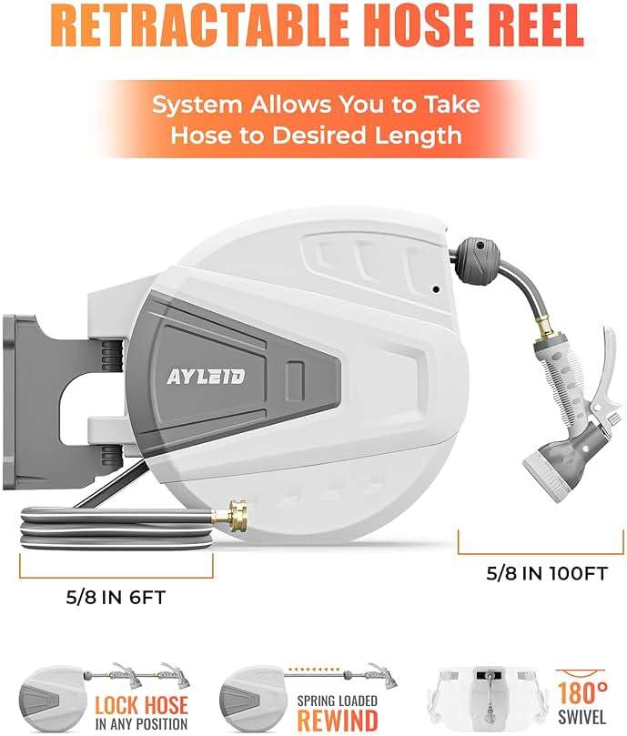 Ayleid Retractable Garden Hose Reel,5/8 in x 100 FT Wall Mounted Hose Reel, with 9- Function Sprayer Nozzle, Any Length Lock/Slow Return System/Wall Mounted/180°Swivel Bracket (Gray) - Image 2