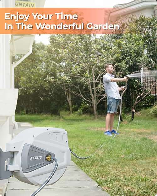Ayleid Retractable Garden Hose Reel,5/8 in x 100 FT Wall Mounted Hose Reel, with 9- Function Sprayer Nozzle, Any Length Lock/Slow Return System/Wall Mounted/180°Swivel Bracket (Gray) - Image 4