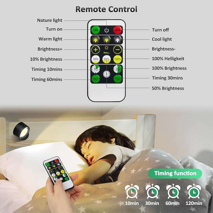 Lightbiz LED Wall Mounted Lights 2 Pcs with Remote, Wall Sconces Lamp 3000mAh Rechargeable Battery Operated, 3 Color Temperatures & Dimmable Magnetic 360° Rotation Cordless Light for Bedroom Bedside - Image 4