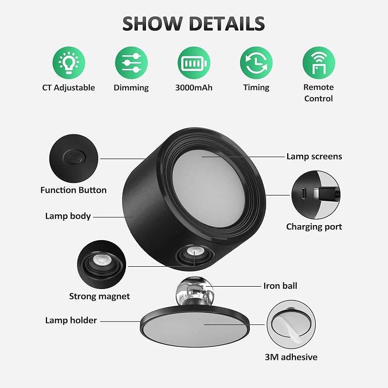 Lightbiz LED Wall Mounted Lights 2 Pcs with Remote, Wall Sconces Lamp 3000mAh Rechargeable Battery Operated, 3 Color Temperatures & Dimmable Magnetic 360° Rotation Cordless Light for Bedroom Bedside - Image 6