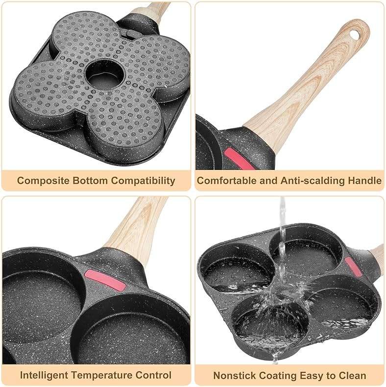 MyLifeUNIT Egg Frying Pan, 4-Cup Egg Pan Nonstick, Fried Egg Pan Skillet for Breakfast, Pancake, Hamburger, Sandwiches, Suitable for Gas Stove & Induction Cookware - Image 6