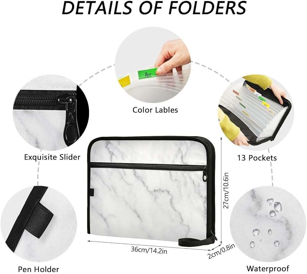 White Gray Marble Expanding File Folder with Sticky Labels 13 Pocket Grey Tie Dye Accordion File Folder Document Organizer with Zipper Closure Letter A4 Paper Document Folder for School Boys Girls - Image 4