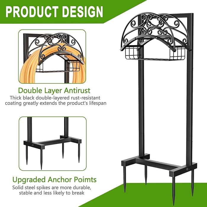 Gayuteay Garden Hose Holder – Water Hose Reel Stand with Storage Basket Holds 151ft, Heavy Duty Freestanding Garden Hanger Storage Rack for Outside Yard Lawn Farm - Image 3