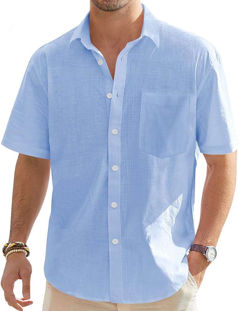J.VER Men's Linen Short Sleeve Shirts Cotton Casual Lightweight Button Down Shirt Beach Vacation Summer Tops with Pocket - Image 1