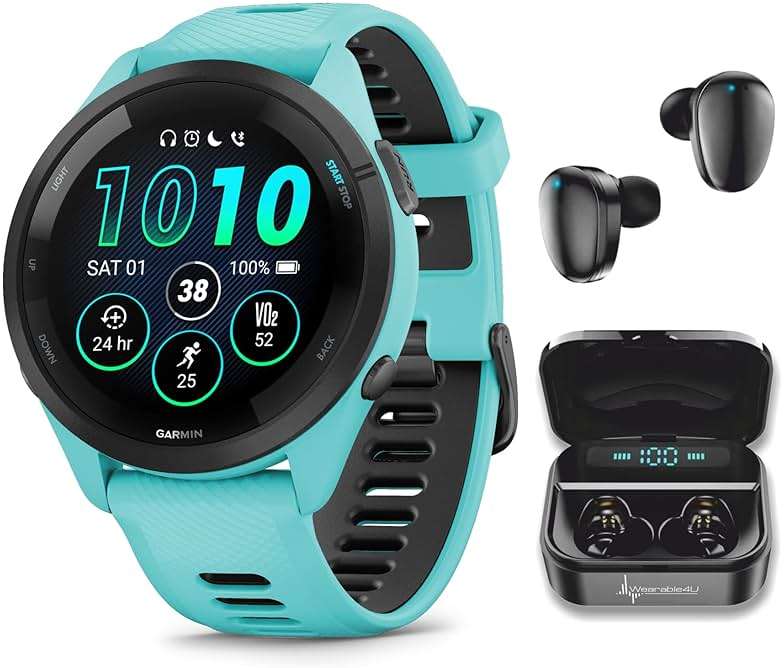 Wearable4U Garmin Forerunner 265 Music GPS Running 46 mm Smartwatch, Aqua with AMOLED 1.3 in Touchscreen Display Black Earbuds Bundle, Aqua +Blk EarBuds - Image 1