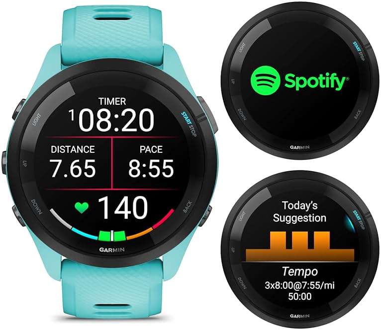 Wearable4U Garmin Forerunner 265 Music GPS Running 46 mm Smartwatch, Aqua with AMOLED 1.3 in Touchscreen Display Black Earbuds Bundle, Aqua +Blk EarBuds - Image 4