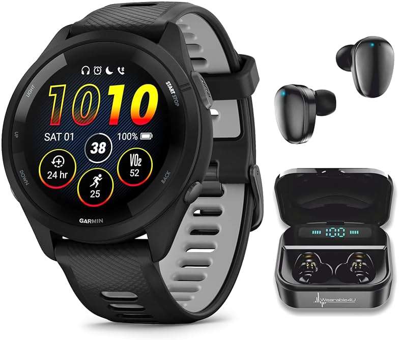Wearable4U Garmin Forerunner 265 Music GPS Running 46 mm Smartwatch, Black with AMOLED 1.3 in Touchscreen Display Black Earbuds Bundle, Black +Blk EarBuds - Image 1