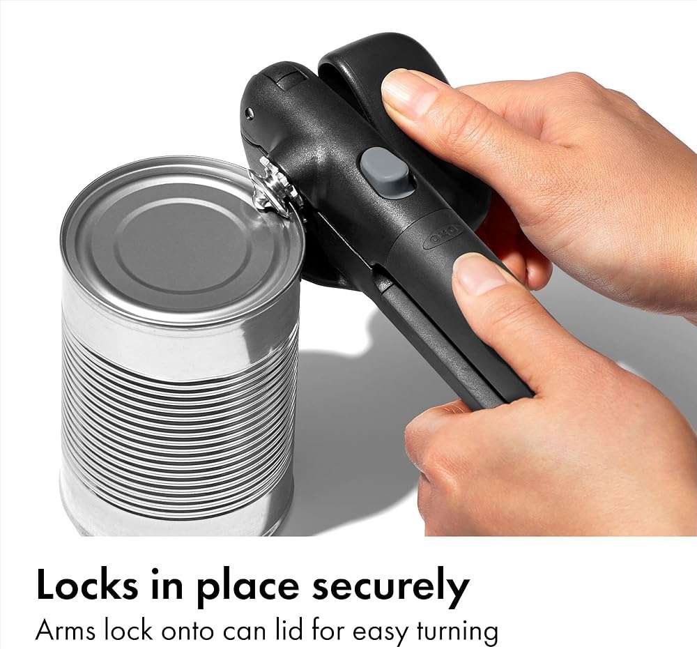 OXO Good Grips Lock & Go Can Opener, Manual Can Opener with Locking Arms and Easy-Release Button, Handheld Kitchen Gadget, Compact Kitchen Utensil for Everyday Use - Image 4