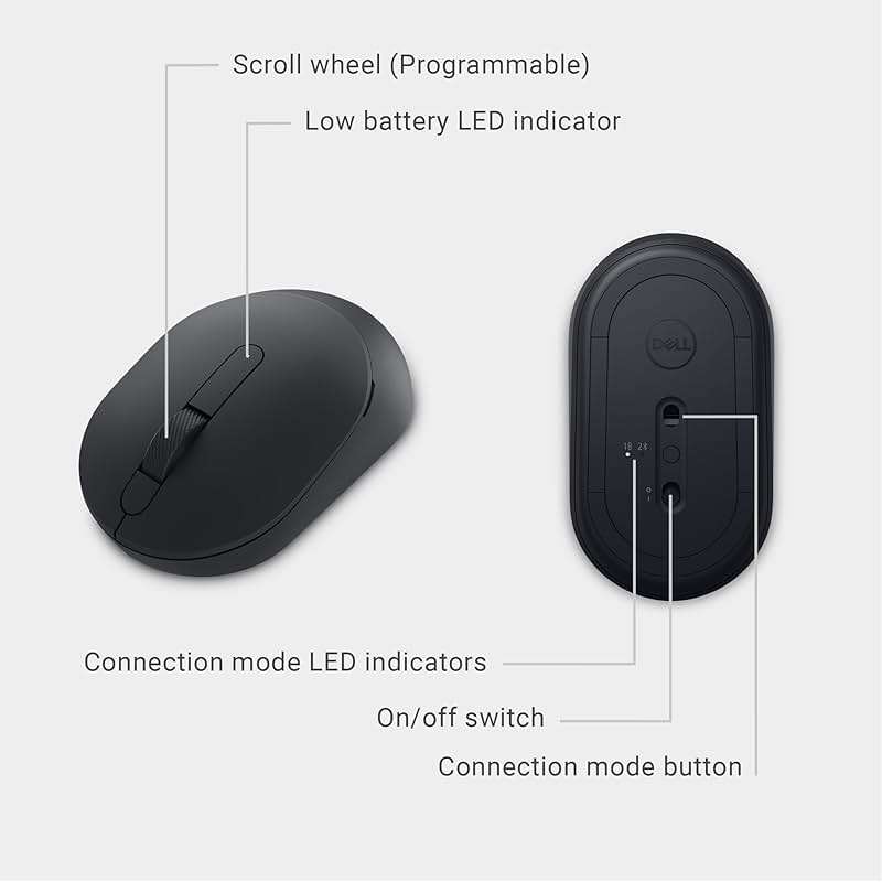 Dell MS355 Silent Mouse - Programmable Scroll Wheel, Secure Dual-Mode Connectivity, Adjustable DPI and Polling Rate Upto 250Hz, Ambidextrous, Low Battery LED Indicator, 3-Year Warranty - Black - Image 11