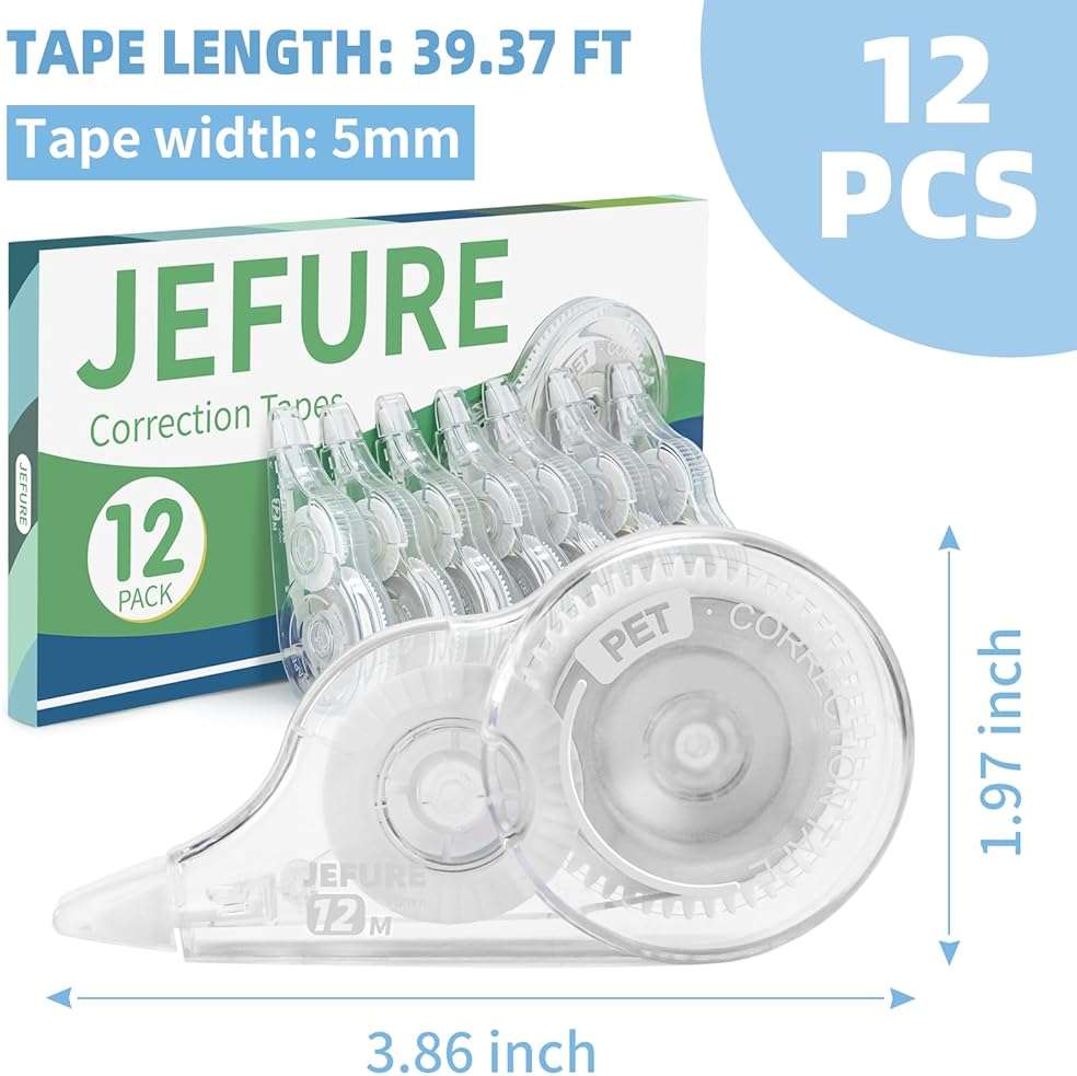 JEFURE 12 Pcs Correction Tape, 39.4 Ft White Wrong Out Tear-Resistant Bulk, Instant Corrections Easy To Use Applicator for School, Office, Note Taking, Journal (Tape Width 0.2 in, Clear) - Image 3