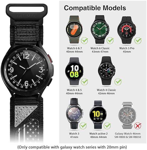 ULTIMAL 20mm Watch Band Compatible with Samsung Galaxy Watch 7 6 5 4 FE/6 4 Classic/5 Pro, Nylon Quick Release Strap Compatible with Garmin Vivoactive 6 5 3/Forerunner 645 55 245 165 (BLACK USA FLAG, L) - Image 3