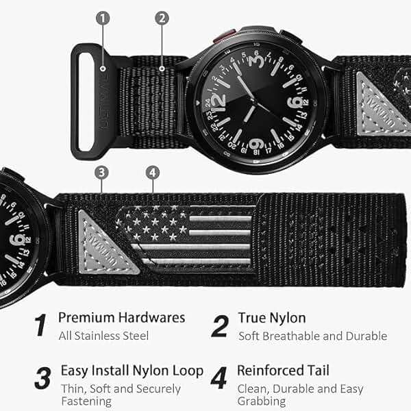 ULTIMAL 20mm Watch Band Compatible with Samsung Galaxy Watch 7 6 5 4 FE/6 4 Classic/5 Pro, Nylon Quick Release Strap Compatible with Garmin Vivoactive 6 5 3/Forerunner 645 55 245 165 (BLACK USA FLAG, L) - Image 6
