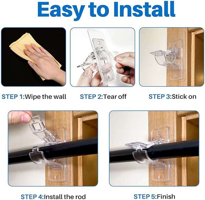 Antimbee 6-Pack No Drill Needed Curtain Rod Holders, Self Adhesive Rod Brackets, Multipurpose Nail-Free Stick on Curtain Rod Hooks Hangers for Dorm, Kitchen, Home, Bathroom, Transparent - Image 6