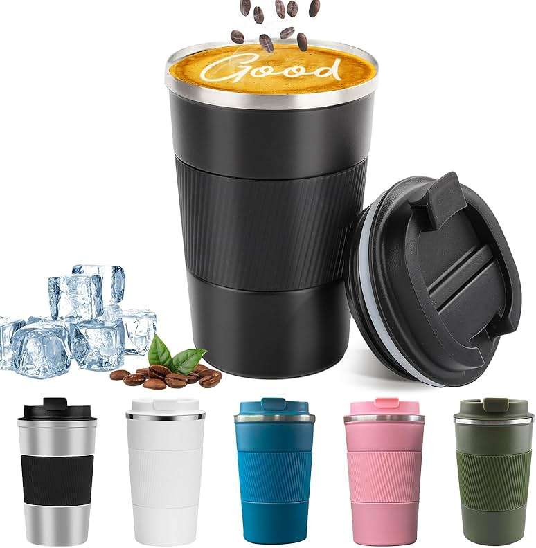YINBAOGE Insulated Travel Coffee Mug, Spill & Leak Proof, Portable To Go Camping Stainless Steel Coffee Tumbler, Reusable Thermal Coffee Cup with Lid for Hot & Cold Drinks (Black, 12 OZ) - Image 1