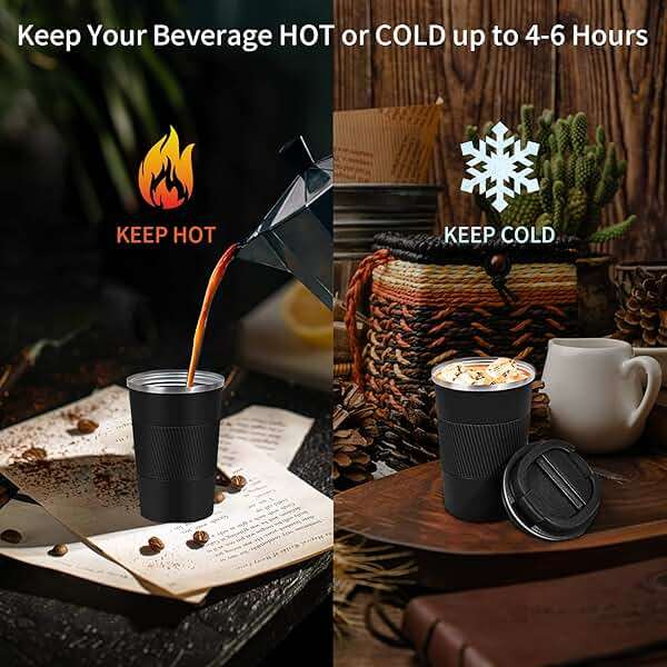 YINBAOGE Insulated Travel Coffee Mug, Spill & Leak Proof, Portable To Go Camping Stainless Steel Coffee Tumbler, Reusable Thermal Coffee Cup with Lid for Hot & Cold Drinks (Black, 12 OZ) - Image 6