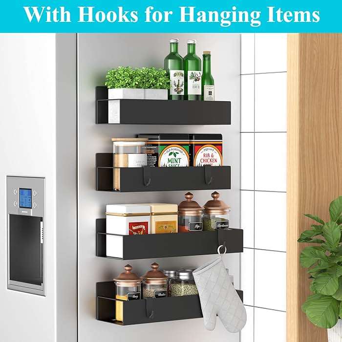 HuggieGems Metal 4 Pack Magnetic Spice Storage Rack Organizer for Refrigerator and Oven, Black Fridge Organizers and Storage, Metal - Image 3