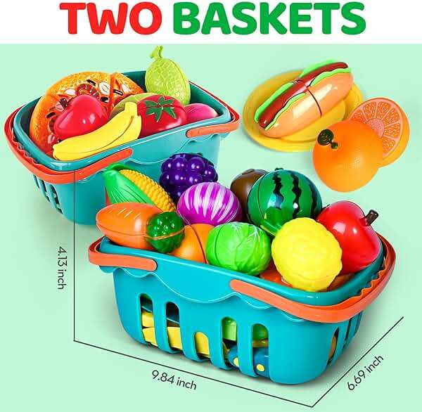 100 PCS Cutting Play Food Toy for Kids Kitchen, Pretend Food Toys for Toddlers, Play Kitchen Toys Accessories with 2 Baskets, Fake Food/Fruit/Vegetable, Birthday Gifts for 3 4 5 Years Old Boys Girls - Image 3