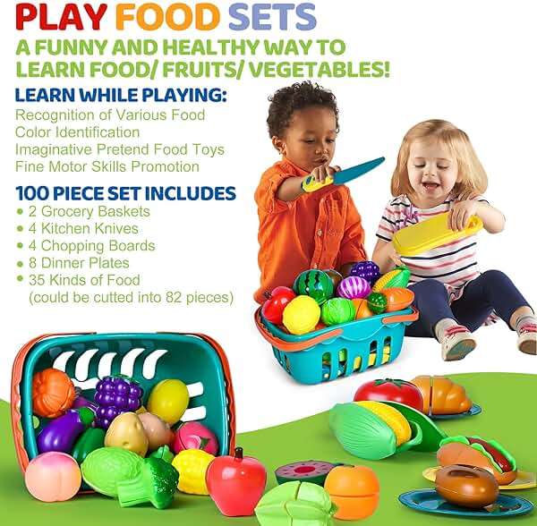 100 PCS Cutting Play Food Toy for Kids Kitchen, Pretend Food Toys for Toddlers, Play Kitchen Toys Accessories with 2 Baskets, Fake Food/Fruit/Vegetable, Birthday Gifts for 3 4 5 Years Old Boys Girls - Image 7