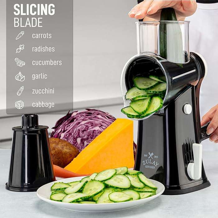 Zulay Kitchen Rotary Cheese Grater 5 Blade Cheese Shredder - Manual Hand Crank Cheese Grater With Reinforced Suction & 5 Interchangeable Drums - Easy to Use, Vegetable Chopper Round Mandoline Slicer - Image 5