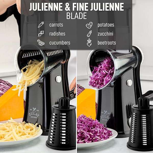 Zulay Kitchen Rotary Cheese Grater 5 Blade Cheese Shredder - Manual Hand Crank Cheese Grater With Reinforced Suction & 5 Interchangeable Drums - Easy to Use, Vegetable Chopper Round Mandoline Slicer - Image 6