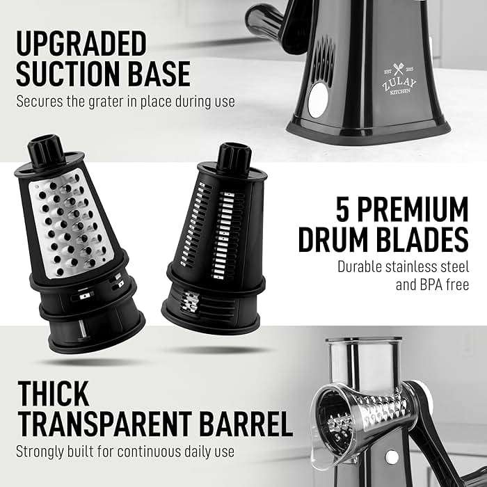 Zulay Kitchen Rotary Cheese Grater 5 Blade Cheese Shredder - Manual Hand Crank Cheese Grater With Reinforced Suction & 5 Interchangeable Drums - Easy to Use, Vegetable Chopper Round Mandoline Slicer - Image 7