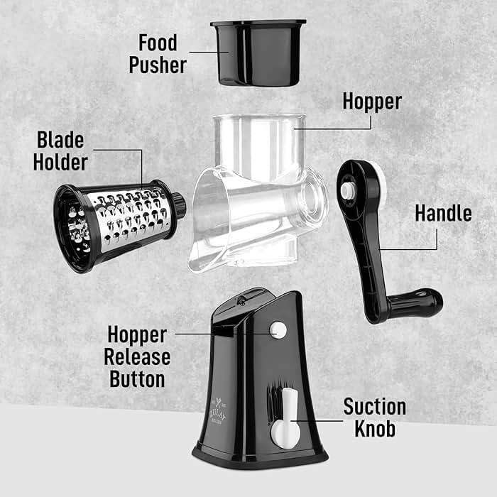 Zulay Kitchen Rotary Cheese Grater 5 Blade Cheese Shredder - Manual Hand Crank Cheese Grater With Reinforced Suction & 5 Interchangeable Drums - Easy to Use, Vegetable Chopper Round Mandoline Slicer - Image 8