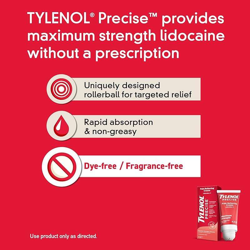Tylenol Precise Pain Relieving Cream, Maximum Strength 4% Lidocaine Topical Analgesic for Back, Knee & Joint Pain, Penetrating Relief, Non-Sticky, Fragrance Free, No Dyes, 4oz - Image 4