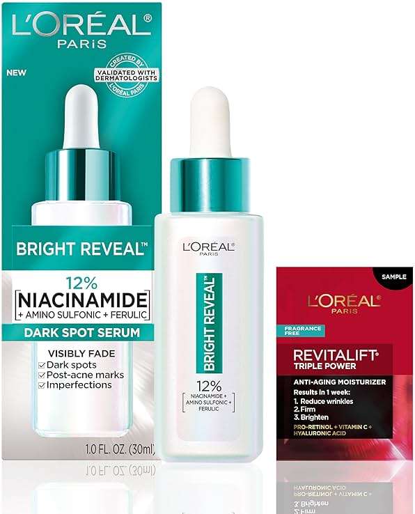 L’Oréal Paris Bright Reveal 12% [Niacinamide + Amino Sulfonic + Ferulic] Dark Spot Serum 1oz + Moisturizer Sample - Image 1