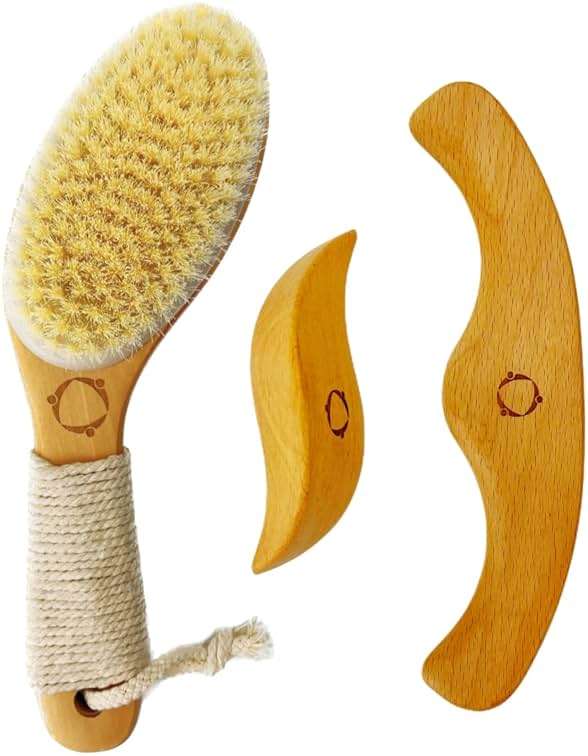 Dry Brushing Body Brush for Lymphatic Drainage-Vegan Dry Brush with Contoured Non-Slip Handle +Wood Therapy Massage Tools. Maderoterapia Kit, Gua Sha, Anti-Cellulite, Body Sculpting, Sensitive Skin - Image 1