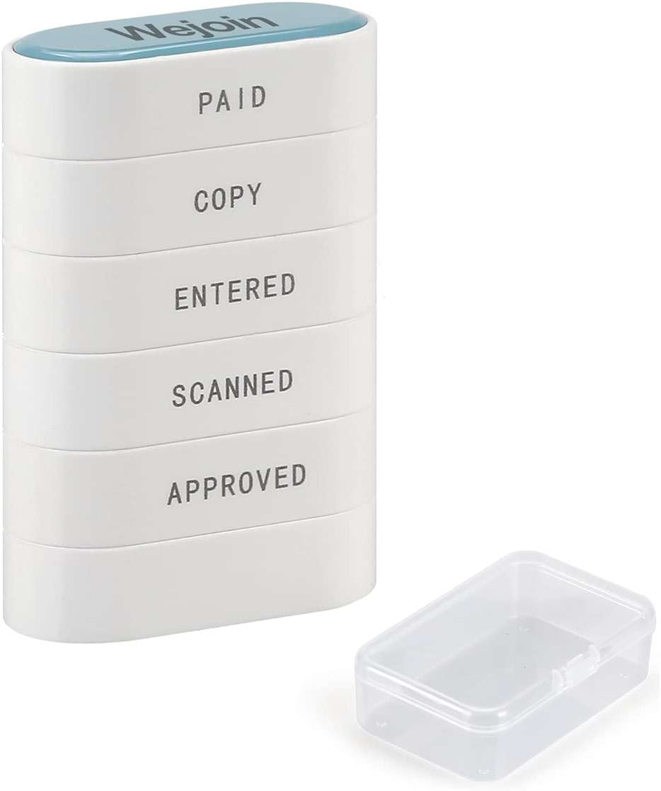WEJOIN Office Stamps - 5-in-1 Pre-Inked Rubber Stamp Set: Paid, Copy, Entered, Scanned, Approved, Red-Ink Impression Size 1.5’’ X 0.55’’, Cute & Unique Designed Business Message Stamp - Image 1