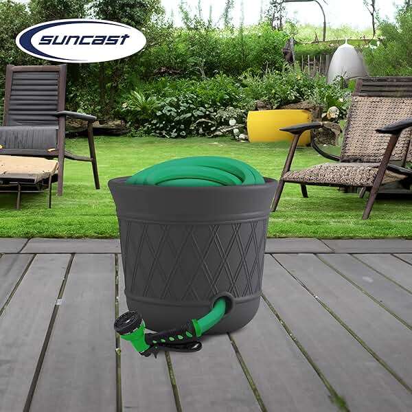 Suncast Lattice Hose Pot for Outdoor Garden Storage, Peppercorn - Holds 300 ft Expandable or 50 ft Standard 5/8" Vinyl Hoses, Resin Hideaway Organizer with Drainage and Water Supply Port - Image 2