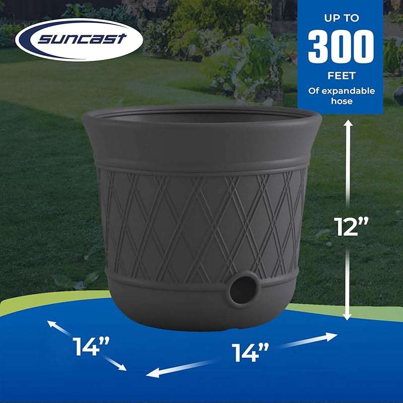 Suncast Lattice Hose Pot for Outdoor Garden Storage, Peppercorn - Holds 300 ft Expandable or 50 ft Standard 5/8" Vinyl Hoses, Resin Hideaway Organizer with Drainage and Water Supply Port - Image 3