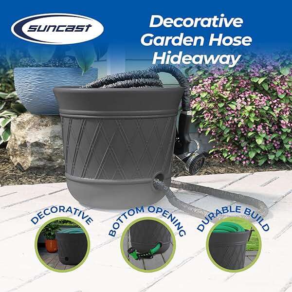 Suncast Lattice Hose Pot for Outdoor Garden Storage, Peppercorn - Holds 300 ft Expandable or 50 ft Standard 5/8" Vinyl Hoses, Resin Hideaway Organizer with Drainage and Water Supply Port - Image 4