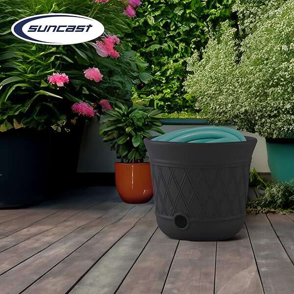 Suncast Lattice Hose Pot for Outdoor Garden Storage, Peppercorn - Holds 300 ft Expandable or 50 ft Standard 5/8" Vinyl Hoses, Resin Hideaway Organizer with Drainage and Water Supply Port - Image 5