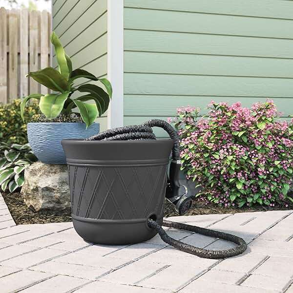 Suncast Lattice Hose Pot for Outdoor Garden Storage, Peppercorn - Holds 300 ft Expandable or 50 ft Standard 5/8" Vinyl Hoses, Resin Hideaway Organizer with Drainage and Water Supply Port - Image 6