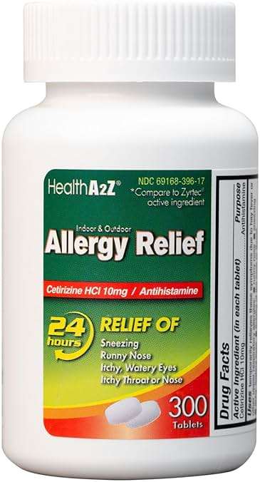 HealthA2Z® Allergy Relief, Cetirizine 10mg, Dye Free, All Day Allergy Relief, Indoor & Outdoor, Relief from Itchy Throat, Sneezing, Runny Noses, 300 Count (Pack of 1), - Image 1