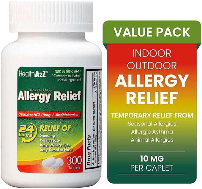HealthA2Z® Allergy Relief, Cetirizine 10mg, Dye Free, All Day Allergy Relief, Indoor & Outdoor, Relief from Itchy Throat, Sneezing, Runny Noses, 300 Count (Pack of 1), - Image 2
