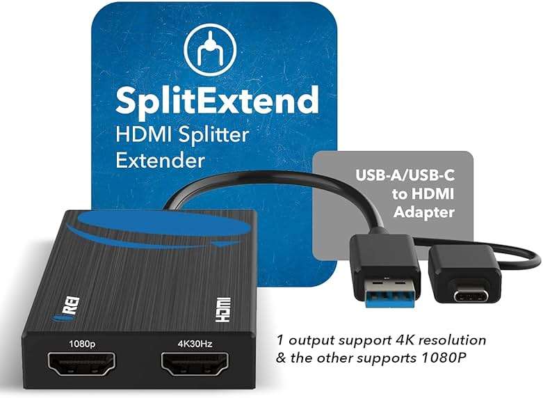 OREI SplitExtend HDMI Splitter Extended Display for Dual Monitor - Multi-Monitor Display 3 Separate Screens - USB A & USB-C Adapter to HDMI 2.0, 4K@30Hz Output 1, 1080p Output 2 for Windows, Mac OS G - Image 4