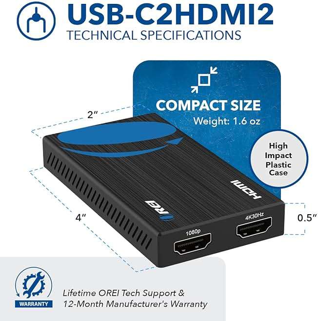 OREI SplitExtend HDMI Splitter Extended Display for Dual Monitor - Multi-Monitor Display 3 Separate Screens - USB A & USB-C Adapter to HDMI 2.0, 4K@30Hz Output 1, 1080p Output 2 for Windows, Mac OS G - Image 6