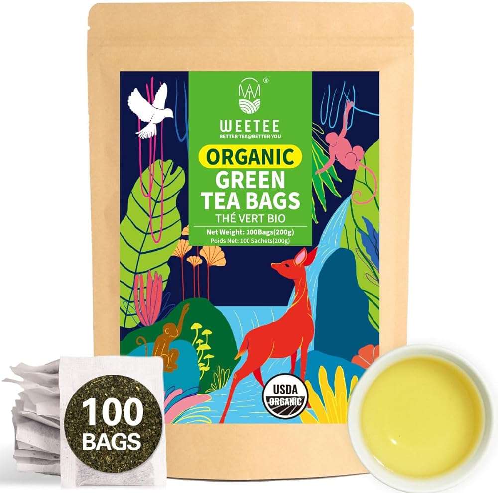 WT WEETEE Organic Green Tea Bags, Organic Pure Green Tea 100 Count, Super Antioxidant | Resealable Kraft Bag | Brew Hot or Iced - Image 1