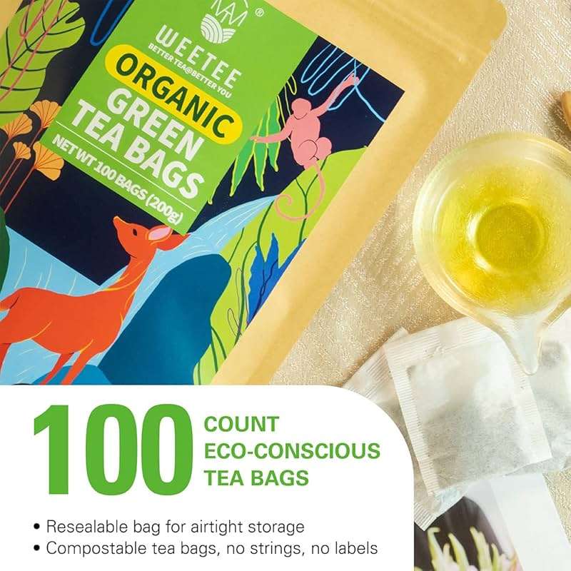 WT WEETEE Organic Green Tea Bags, Organic Pure Green Tea 100 Count, Super Antioxidant | Resealable Kraft Bag | Brew Hot or Iced - Image 5