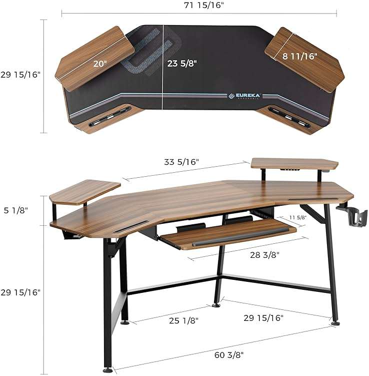 EUREKA ERGONOMIC 72" Gaming Desk W Keyboard Tray, Wing-Shaped Music Studio Desk, Large Computer Table W LED Convertible Monitor Stand Dual Headphone Hanger for Recording Live Streamer, Walnut Wood - Image 3