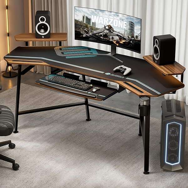 EUREKA ERGONOMIC 72" Gaming Desk W Keyboard Tray, Wing-Shaped Music Studio Desk, Large Computer Table W LED Convertible Monitor Stand Dual Headphone Hanger for Recording Live Streamer, Walnut Wood - Image 4