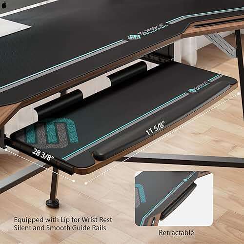EUREKA ERGONOMIC 72" Gaming Desk W Keyboard Tray, Wing-Shaped Music Studio Desk, Large Computer Table W LED Convertible Monitor Stand Dual Headphone Hanger for Recording Live Streamer, Walnut Wood - Image 5