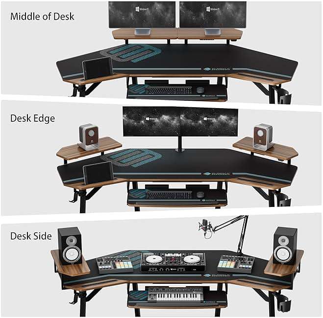 EUREKA ERGONOMIC 72" Gaming Desk W Keyboard Tray, Wing-Shaped Music Studio Desk, Large Computer Table W LED Convertible Monitor Stand Dual Headphone Hanger for Recording Live Streamer, Walnut Wood - Image 7